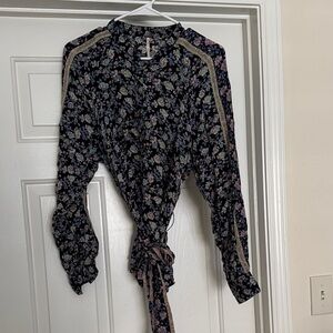 Free People Black Floral Blouse with Tie-Front